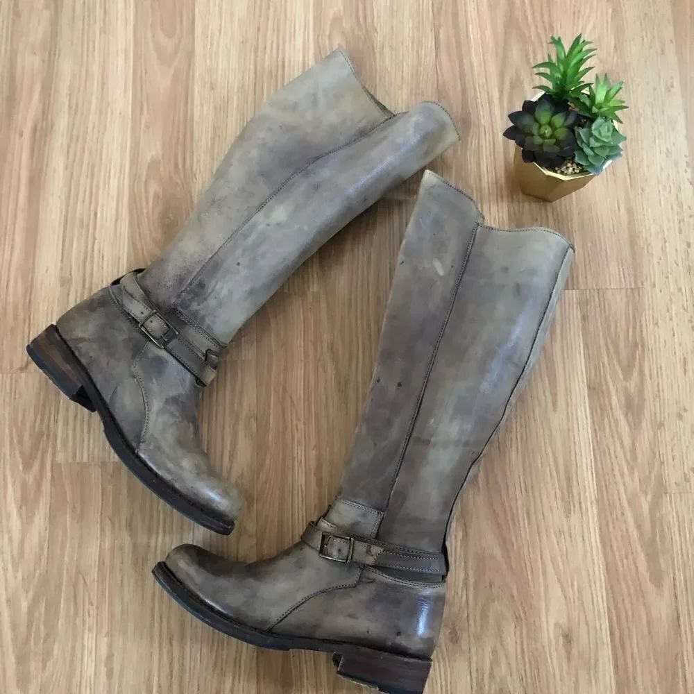 BED STU Brown Tan Leather Cobbler Series Handmade Tall Knee Boots Distressed